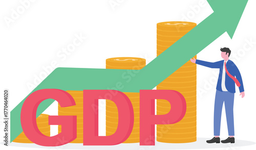 Businessman stands beside the word GDP with a rising green line chart on top,
