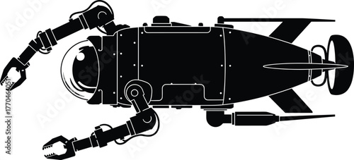 Top view silhouette of a futuristic submersible with robotic arms, submersible, submarine, underwater, vehicle, robot, mechanical, futuristic, technology, exploration, research, science, deep sea, oce