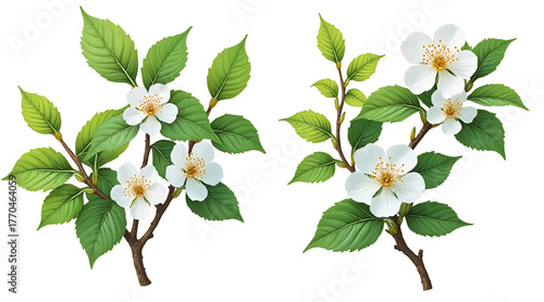 Delicate white blossoms with vibrant green leaves create an elegant natural composition perfect for spring themes and botanical designs