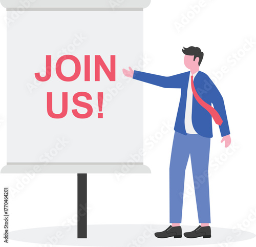 A businessman is arranging the words JOIN US,
