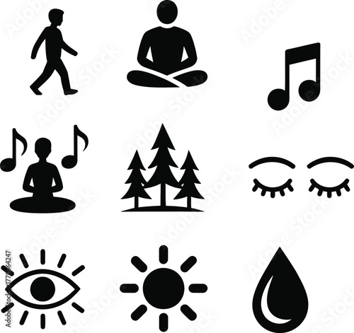 Collection of black icons representing walking meditation music trees closed eyes sun and water drop