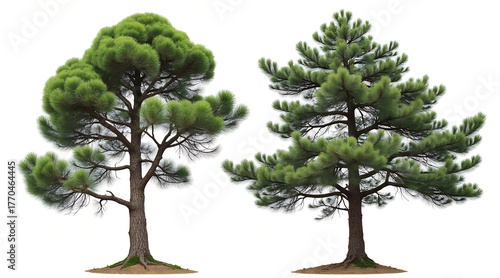 Two lush green pine trees stand majestically, their branches reaching skyward, perfect for natural landscaping and environmental projects