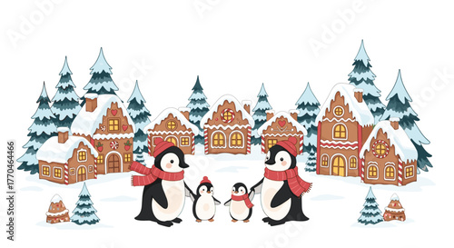 Charming penguin family celebrating winter holidays amidst a whimsical gingerbread village and snow-dusted pine trees