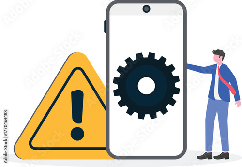 Businessman stands next to a gear marked with an exclamation or attention sign,

