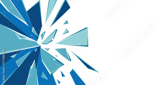 Dynamic abstract explosion of shattered blue geometric shards and fragments bursting outwards with energy on white background