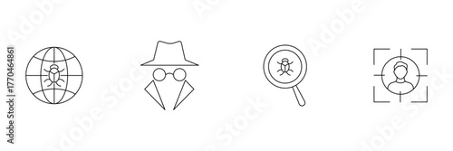 Global malware bug, incognito disguise, virus detection, target profile icon set, cyber security outline vector illustration, minimal symbol art.
