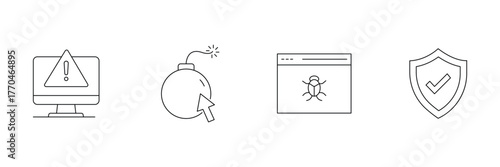 Free Download Computer alert, click bomb, malware website, shield security icon set, cyber protection outline vector illustration, minimal threat symbol art. - GFXLoad