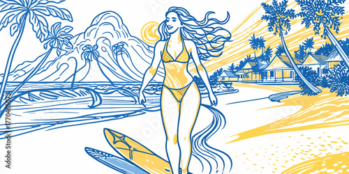 Young woman in a bikini walking with a surfboard on a sunny beach