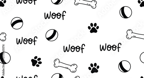 Dog Theme Pattern with Woof Text, Balls and Bones on a White Background Layout