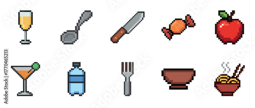 Pixel art collection: food, drink, and kitchen utensils icons