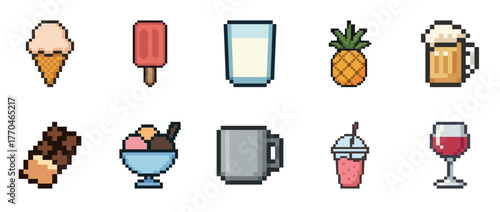 Pixel art collection of various beverages and desserts on white background