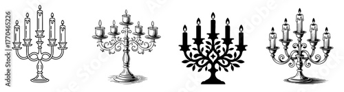 candlestick candelabra set with vintage, antique and silhouette symbols, vector illustrations for classic decoration and elegant lighting