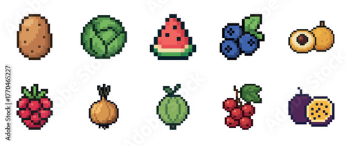 Pixel art fruits and vegetables: potato, cabbage, watermelon, blueberries, apricots, raspberries, onion, lime, cherries, passionfruit