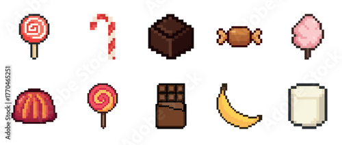 Pixel art sweets collection: candy, chocolate, lollipop, banana, marshmallow