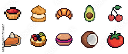 Pixel art icons of various foods including desserts and fruits
