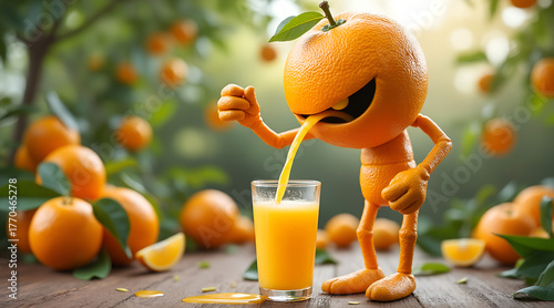 Joyful cartoon orange character gleefully squeezing fresh juice into a glass amidst a vibrant orchard setting