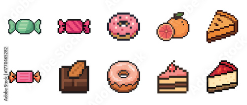 Retro pixel art sweets: donuts, candy, chocolate, cake, and fruit desserts collection