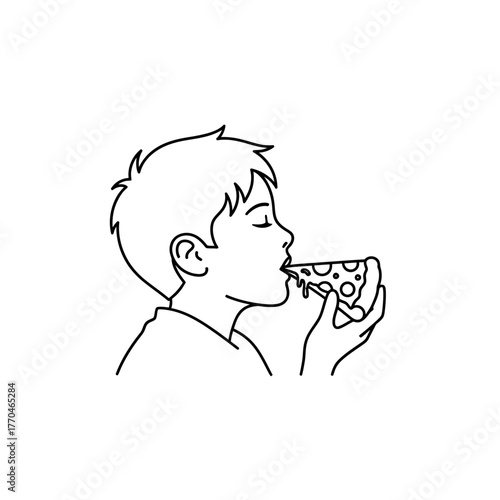 Line Art of a Boy Biting into a Slice of Cheesy Pizza - Minimalist Outline Vector Sketch
