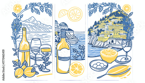 Triptych of Italian coastal scenery with wine, lemons, and a village view in blue and yellow tones