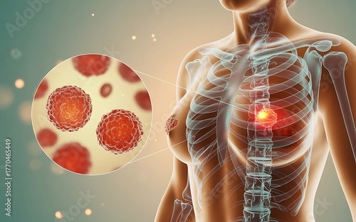 Medical illustration of a woman s chest with a virus and skeletal structure