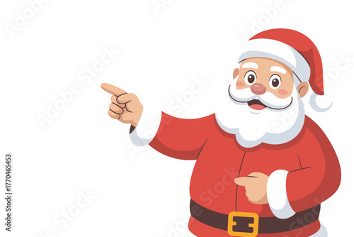Santa Claus is pointing to the left and smiling, indicating a direction.