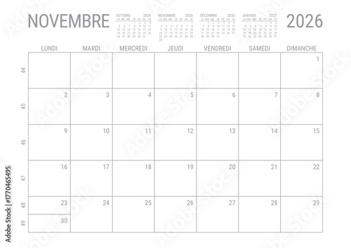 Novembre 2026 Calendrier Mensuel Planificateur avec Numero de Semaine à imprimer A4	
