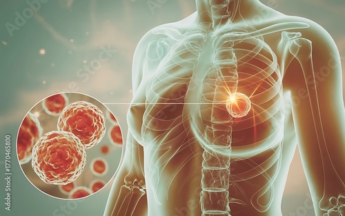 Microscopic view of cancer cells impacting the human chest and lungs