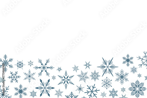 A collection of diverse snowflakes adorns the bottom edge of a white background.