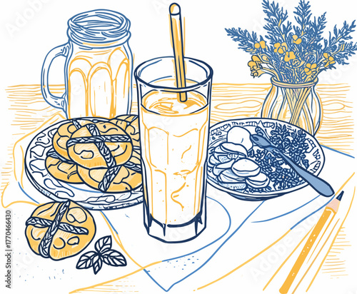 Refreshing smoothie and baked goods served on a cozy breakfast table
