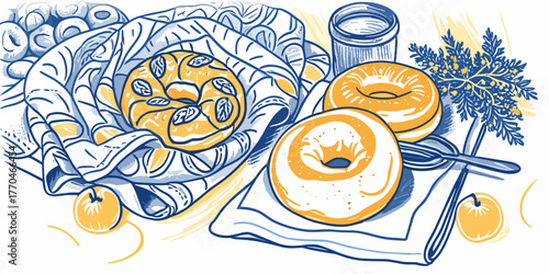 Assorted donuts with fresh fruits and a refreshing drink on a cozy breakfast table