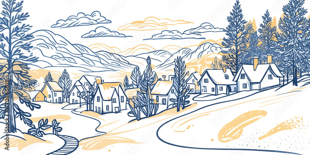 Obraz premium Scenic winter village landscape with snow-covered houses and rolling hills