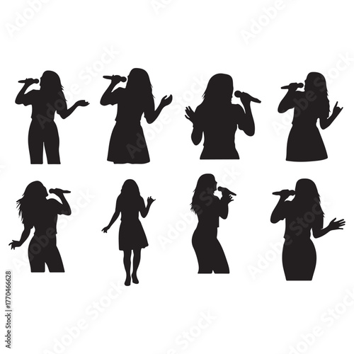 Collection of eight female singer silhouettes with microphones