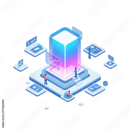 Isometric illustration of a data server with people isolated on transparent background