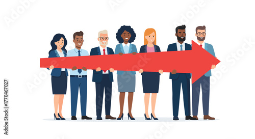Diverse business team united holding a large red arrow symbolizing progress and team direction towards success