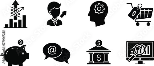 Finance Icon Set Piggy Bank, Shopping Cart, Growth Chart and Head with Gear Symbol