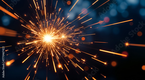 Exploding fiery sparks create a dynamic, vibrant burst of energy against a dark, atmospheric backdrop, perfect for celebrations and excitement