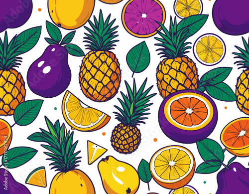 Vibrant fruit pattern featuring pineapples, oranges, and pears with green leaves on white background
