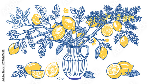 Lemon branch arrangement in a vase with fresh lemons and leaves on white background