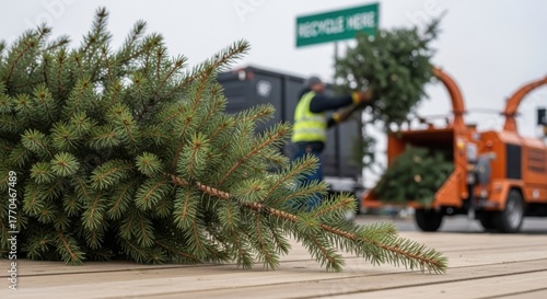Worker loading Christmas tree into wood chipper at recycling point with “Recycle Here” sign — ideal for eco-friendly disposal, sustainable living, municipal services and post-holiday cleanup content.