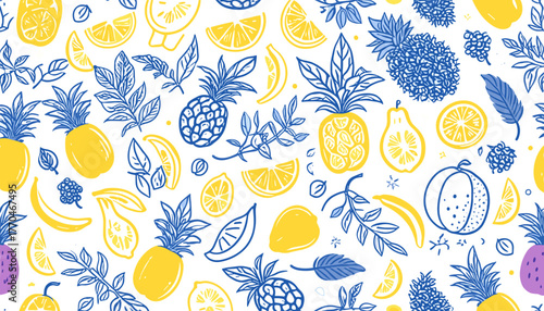Colorful fruit pattern with pineapples, lemons, and tropical elements on white background for prints
