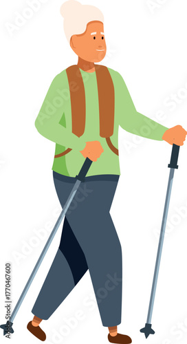 Active senior woman is walking using hiking poles, enjoying her free time