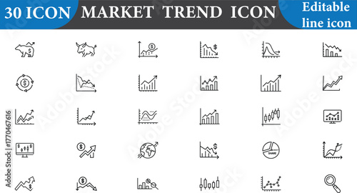 This is a market trend icon set isolated on white background. This set includes icons such as bull, bear, chart, and more. Editable line icon. Vector illustration.