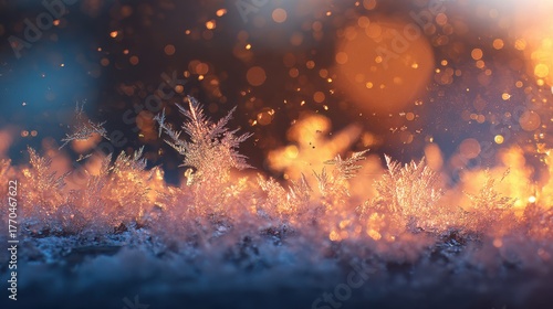 Frosty crystals shimmer under warm golden light during winter evening