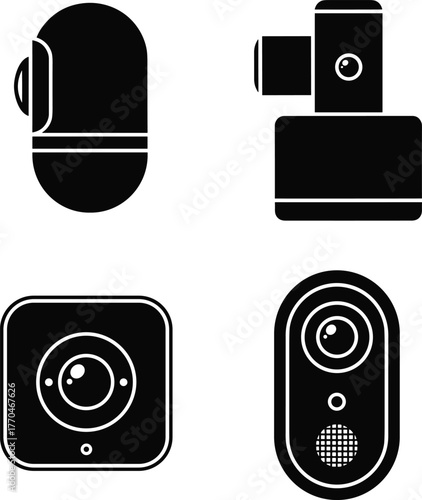 Four different security camera icons in black silhouette