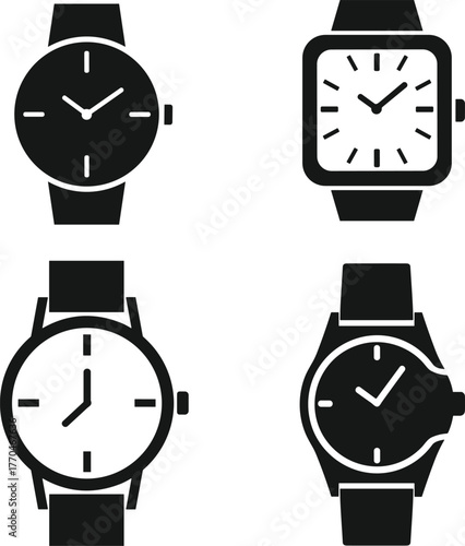 Four different wrist watch icons in black silhouette