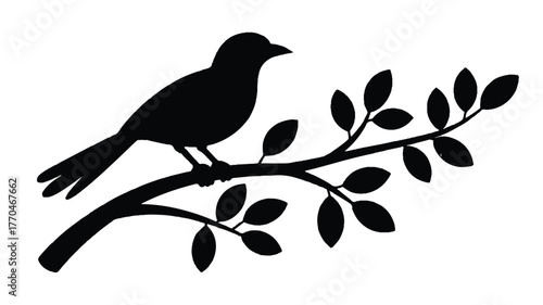 A black silhouette illustration of a bird perched on a diagonal branch.  
I'm
