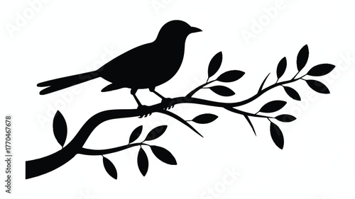 A black silhouette illustration of a bird perched on a diagonal branch.  
