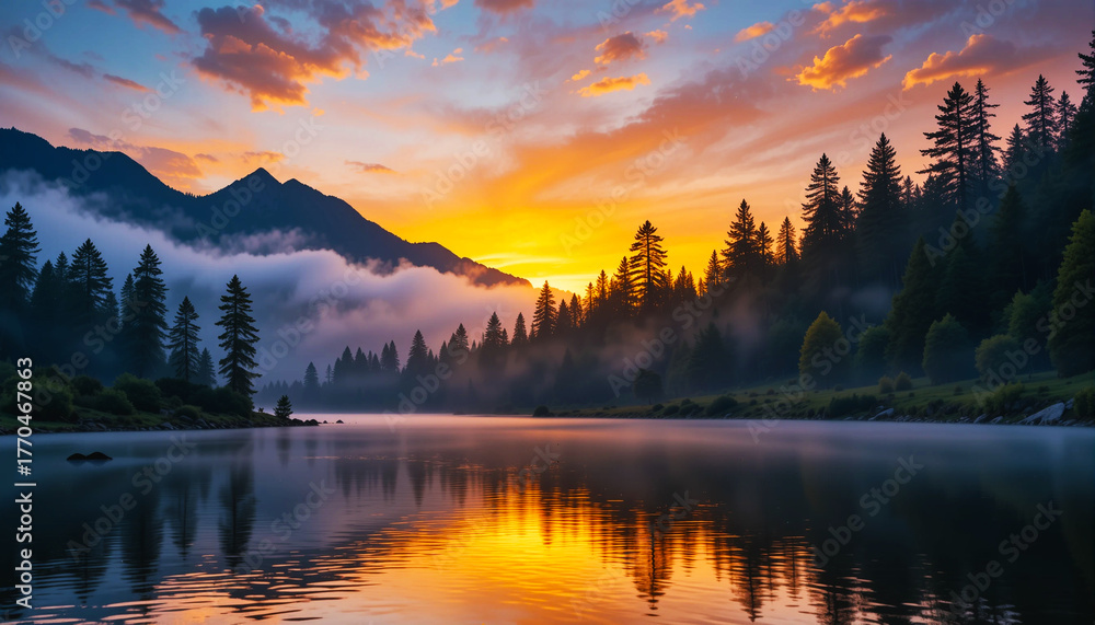 Fototapeta premium Majestic mountain lake at sunrise with vibrant orange sky and pine forest reflection
