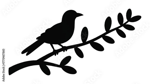 A black silhouette illustration of a bird perched on a diagonal branch.  
