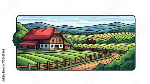 Farmhouse with fields, fence, tractor, and rolling hills, colorful black outline realistic art, calm rural landscape vector on white background